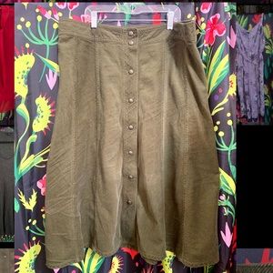 Olive corduroy button down midi a line skirt Christopher and banks